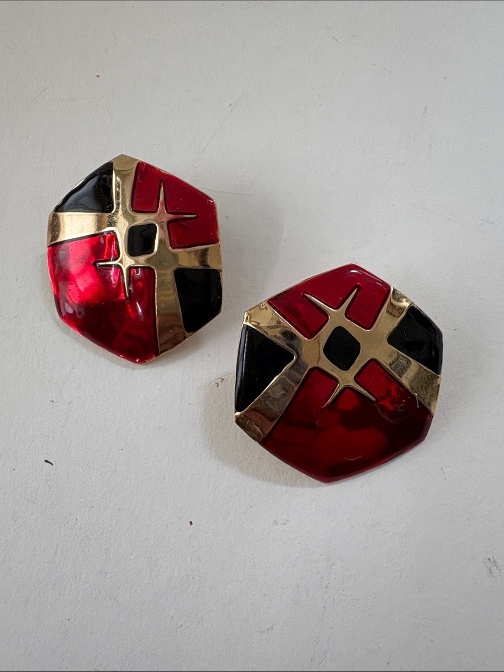 Red Black and Gold Musi Shield Earrings Lightweight. Pierced